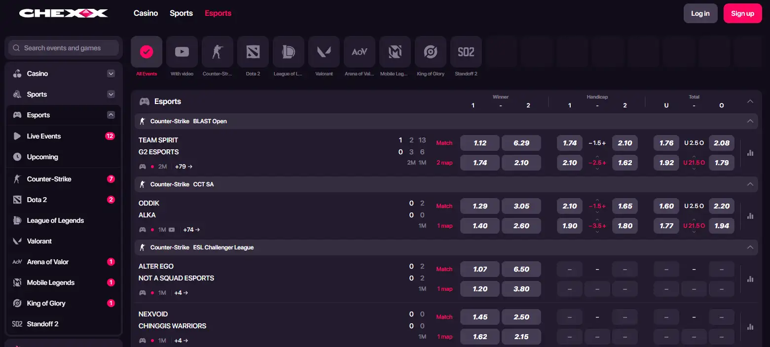 CHEXX Esports Navigation mit E-Sport-Kategorien