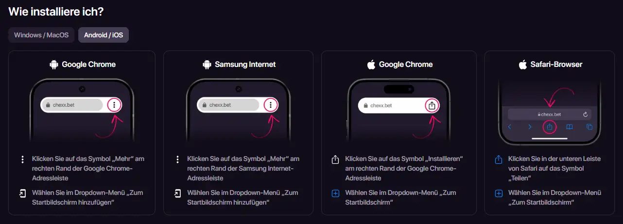 CHEXX PWA-Installationsseite mit Hinweisen für mobile und Desktop-Geräte