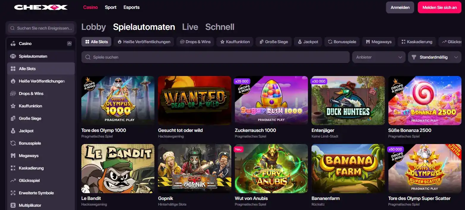 CHEXX Casino-Lobby mit Slots, Live Casino und Fast Games Navigation