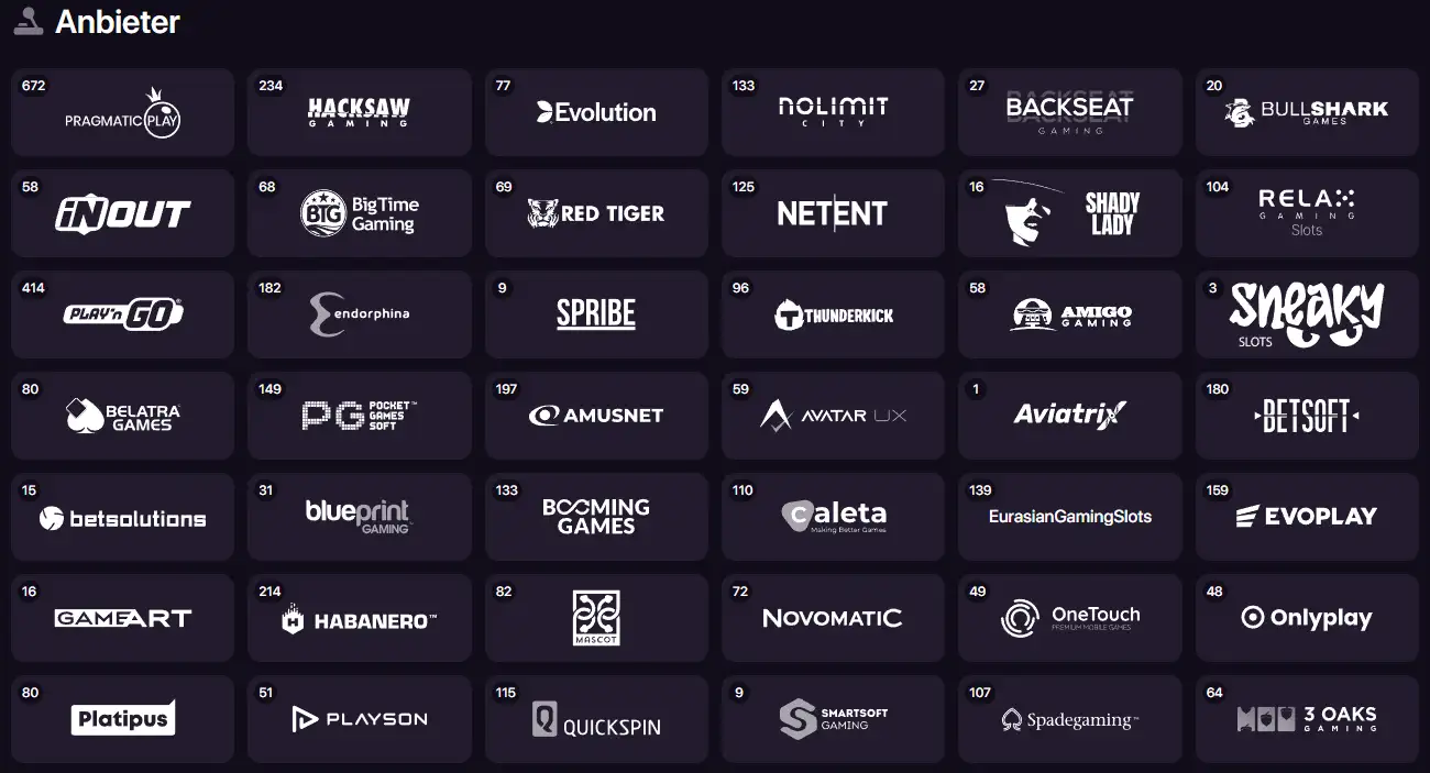 CHEXX Provider-Filter mit Auswahl verschiedener Spielestudios