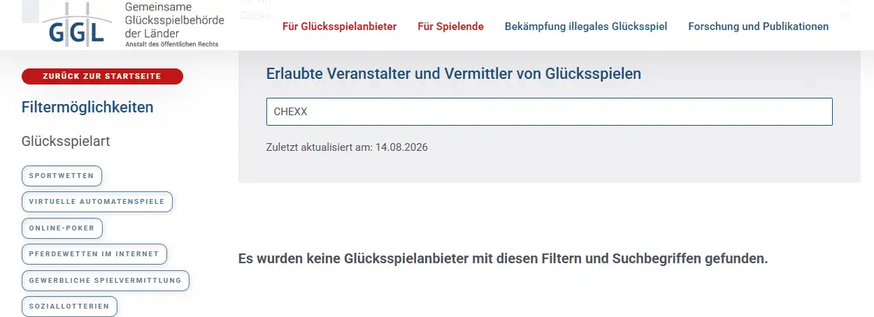 GGL Whitelist zur Prüfung des deutschen Erlaubnisstatus von CHEXX