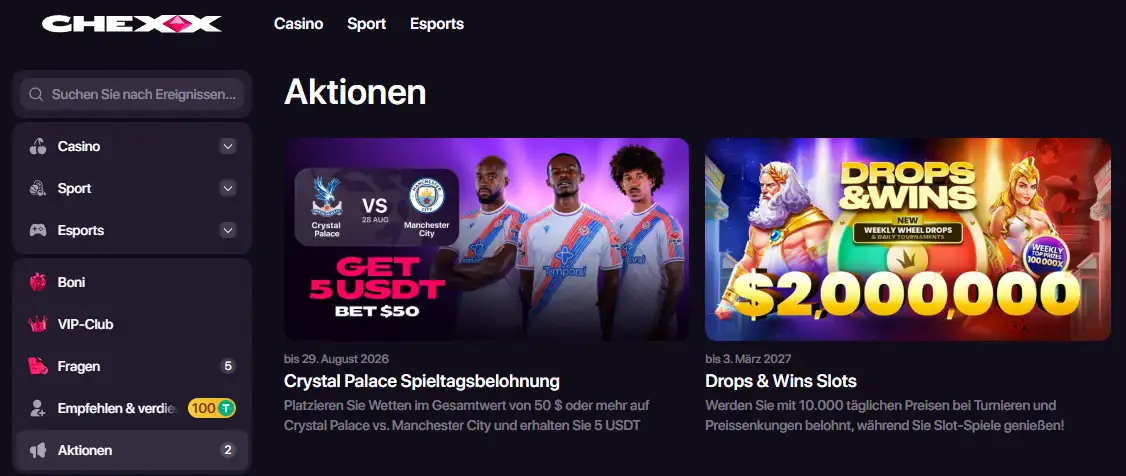 CHEXX Promotions- oder Quests-Oberfläche mit wiederkehrenden Aktionen