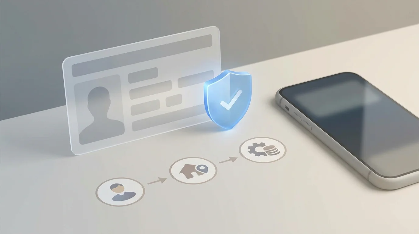 Neutrale Illustration einer Identitätsprüfung mit Dokument und Prüfsymbol