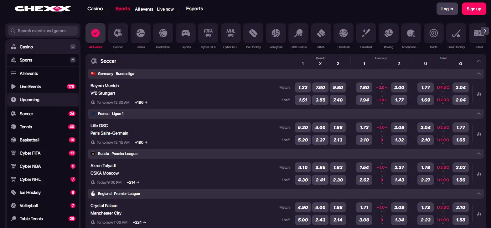 CHEXX Sportsbook mit Navigation für verschiedene Sportarten
