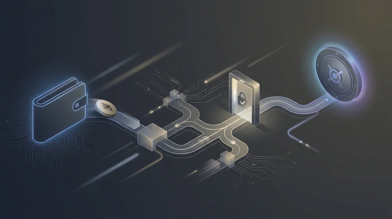 Abstrakter Krypto-Einzahlungsfluss von einer Wallet über ein Netzwerk zu einem Konto