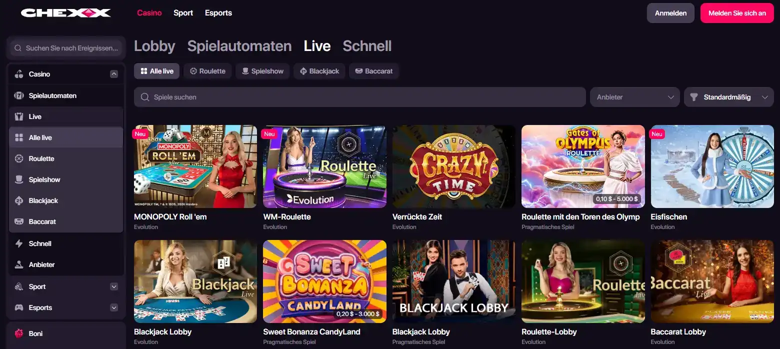 CHEXX Live Casino Kategorie mit Live-Tischen und Navigation